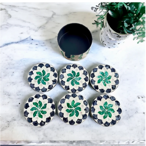 Set of 6 Green Mother Pearl Inlay Round Coasters with Holder Bohemian Style Eco-Friendly <b>Table</b> <b>Protection</b> Mats & Pads Vietnam - Product Image 1