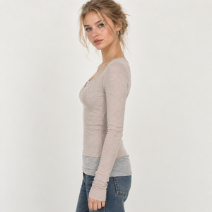 Women Breathable Button Knitted Digital Printing <b>Long</b> Sleeve Two Piece Color Block Slim <b>Fit</b> Stretch Casual <b>T</b> <b>Shirt</b> - Product Image 2