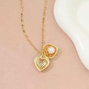 Damen Edelstahl Ketten Halskette Herz Kupfer Anhänger vergoldet Trendy Link Chain Zirkon Modische Perle - Product Image 3