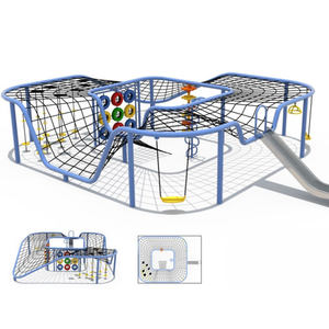 Aire de jeux extérieure moderne <span class=keywords><strong>bleue</strong></span> et noire avec filets d'escalade, disques colorés, toboggan et balançoire jaune - Product Image 5