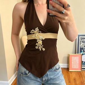 Y2K Vintage Casual Breathable Knitted <b>Sequined</b> Halter <b>Top</b> 3D Floral Contrast V Neck Sleeveless Vest - Product Image 4