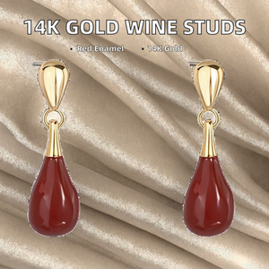 Meilleures boucles d'oreilles clous pour femmes, en laiton plaqué or 14K, émail rouge bordeaux, forme goutte, minimalistes, sans plomb, pour soirée romantique, commande en gros, OEM - Product Image 2