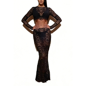 Slim Hollow Lace See-through Tops Half-body Skirt Women's <b>Sexy</b> 2-piece <b>Set</b> Fashion - Product Image 2