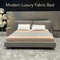 Lit plateforme moderne nordique minimaliste avec cadre rembourré en tissu, taille Queen, tête de lit séparée, en lin gris, idéal pour appartement