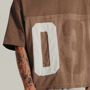 Custom Men Brown Washed Cropped T <b>Shirt</b> Raw <b>Patchwork</b> Letter Oversized Short Sleeve Crew Neck Streetwear Tee - Product Image 4