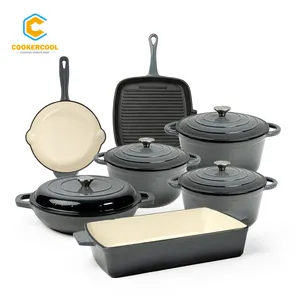 Cookercool conjunto de panelas de alta qualidade, conjunto de 2022 panelas antiaderentes, ferro fundido, cor cinza, esmalte, pote para cozinhar