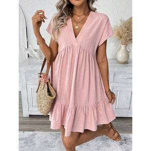 Verano nuevo color sólido cuello pico suelto estilo vacaciones vestido - Product Image 2