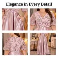 Robe de soirée longue en satin rose poudré grande taille pour mère de la mariée, col en V, manches à volants, broderie florale, vente en gros