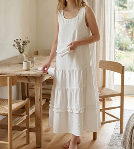 Vestido <span class=keywords><strong>Maxi</strong></span> para Mujer, Sin Mangas, con Volantes en Capas, Cuello Redondo, Vestido de Verano Informal, Holgado, Blanco, Largo, con Logotipo Personalizado OEM - Product Image 4