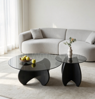 Ensemble de tables basses rondes en verre avec base en bois massif courbé, table d'appoint moderne en 2 pièces pour salon, meubles de maison