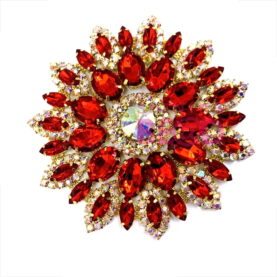 Parche de apliques de flores de diamantes de imitación de cristal rojo grande brillante para zapatos/Copa/Vestido carnaval oro/metal plateado