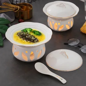 Mangkuk sup putih, pelek emas putih, mangkuk bulat dengan tutup, panci sup untuk Hotel, mangkuk sup keramik dalam telinga ganda