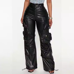 Fabricant de vêtements sur mesure, <span class=keywords><strong>pantalon</strong></span> cargo en <span class=keywords><strong>cuir</strong></span> long décontracté pour <span class=keywords><strong>femme</strong></span>, taille haute, poches amples, style streetwear, jambes larges - Product Image 3
