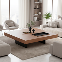 Table basse carrée minimaliste, plateau en marbre, cadre en bois massif, design moderne haut de gamme, grain de bois de noyer, pieds en acier carbone, rangement