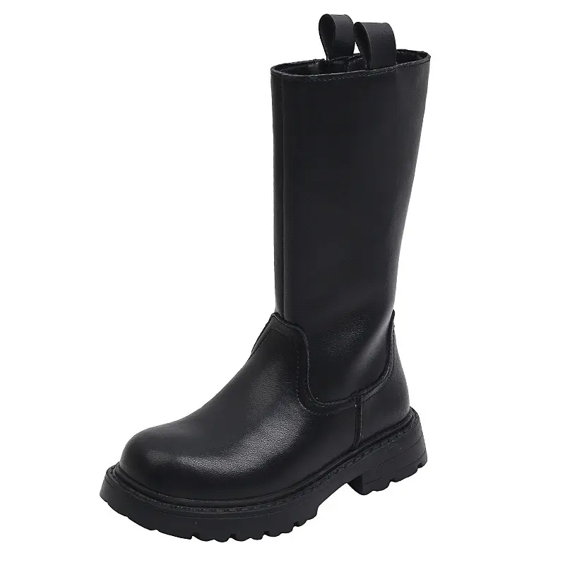 Girls High Boots Kids Fashion Chic Solid Black Uniform Party Shoes Zip Winter Warm Breathable Low Heels Children Boots