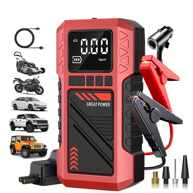 Air Compressor LED Flashlight Car Battery Booster Kit with 150 PSI , Suitable for 2.64gal Gas or 2.38gal Diesel Vehicles,