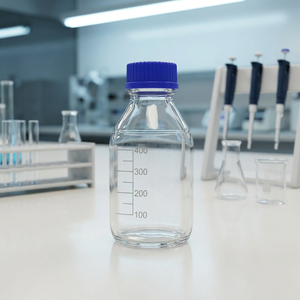 Flacon à réactifs en verre à col large 500 ml, bouchon bleu, flacon de laboratoire transparent en borosilicate pour le stockage de produits chimiques, marque MAYALAB, modèle MGRB5 - Product Image 1