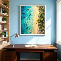 Peinture à l'huile abstraite moderne de paysage tropical insulaire, peinte à la main au couteau à palette, scène côtière pour la décoration du salon