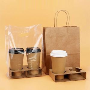 RTS Disposable Take Out Lemonade Plastic Drinks Cups Corrugated Holder Takeaway Coffee Kraft <b>Paper</b> Cups Holder With <b>Paper</b> Bags - Product Image 5