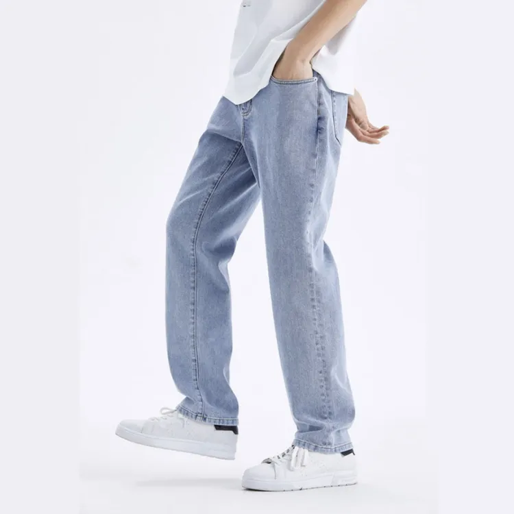 جينز للرجال مغسول دينم مستقيم فضفاض جينز أزرق فاتح مع أداء مسعور