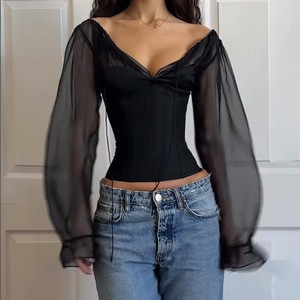 เสื้อแฟชั่นผู้หญิงสีดำ คอวีลึก ผ้าชีฟองโปร่ง แต่งผ้าต่อกัน แขนยาว ทรงเข้ารูป เปิดหลัง ผูกเชือก - Product Image 4