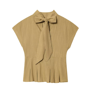 <b>Women</b> <b>Sleeveless</b> Bow Blouse Stand Collar Slit Peplum Woven <b>Shirt</b> Vintage Summer Casual - Product Image 1