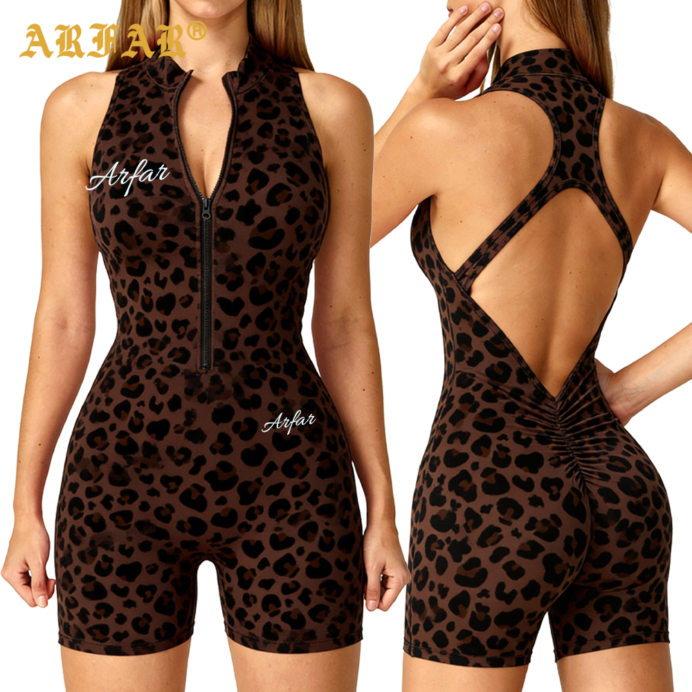 Custom Leopard Print Women's Fitness Jumpsuit Sleeveless Backless One Piece Workout Bodysuit Women's Summer Sports Romper