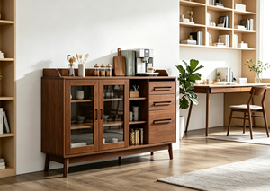 Meuble de salon moderne en bois massif avec portes vitrées, 3 tiroirs, design mid-century, meuble de rangement pour la maison - Product Image 6