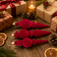 Ensemble de décorations de Noël suspendues multicouches en velours bordeaux floqué, décorations givrées de luxe, coffret cadeau