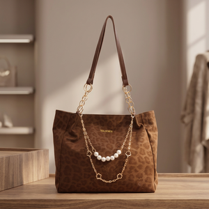 Sac à bandoulière élégant à imprimé léopard en polyester avec fermeture éclair et chaîne, grande capacité - Product Image 3