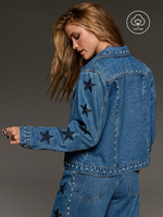 Veste en jean Y2K pour femme, style vintage délavé, broderie étoile cloutée, veste trucker bleu moyen, streetwear, boutonnée sur le devant