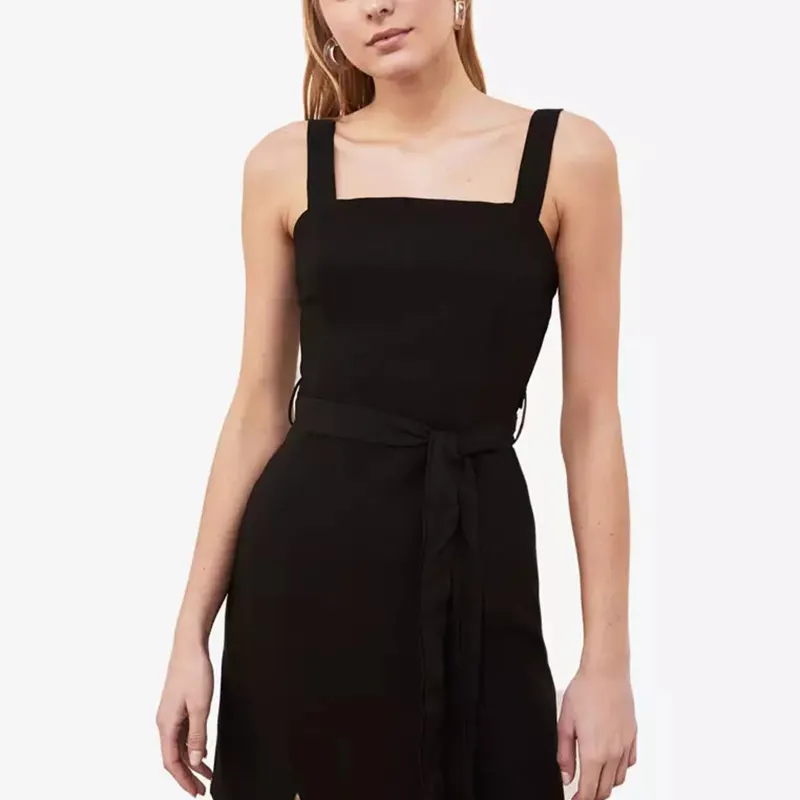 Kadın yaz kolsuz yan Zip Up keten bak Mini Bodycon elbise bel kayışı tasarım resmi ve zarif artı boyutları elbiseler