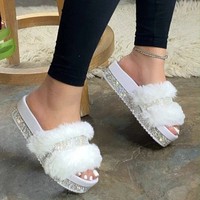 Tendance Mode Respirant Résistant Printemps-Été Grande Taille 35-43 Femme Extérieur Laine Semelle Épaisse Strass Peluche