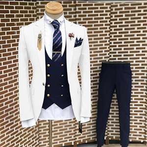 Conjunto de 3 peças de jaqueta de um botão azul marinho slim fit masculino, traje fashion para homens, blazer de lapela com entalhe de baile de formatura de casamento - Product Image 3