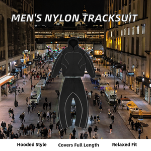 Custom Nylon Tracksuit Loose Sportswear Set Hip Hop Streetwear Drawstring Hooded Men's Casual Autumn Hoodie - Product Image 3