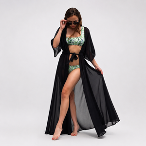 Vestido de playa maxi de gasa negra para mujer con manga murciélago, cuello cuadrado, ajuste holgado y cordón. - Product Image 1