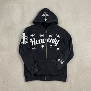 Heavenly Zip-Up Hoodie <b>Men's</b> <b>Black</b> Fleece Streetwear Oversized Hooded <b>Sweatshirt</b> with Cross and Star Print - Product Image 1
