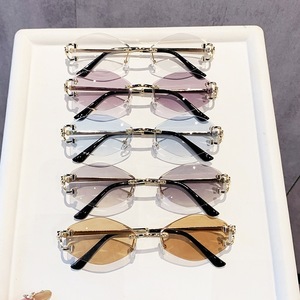 Polygonal <b>Frameless</b> Sunglasses For Women Gold <b>Frame</b> Ac Lens Uv400 Protection Outdoor Sunscreen Trendy Style - Product Image 4