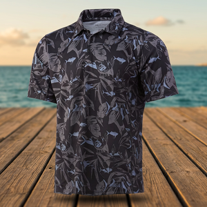 Polo de pêche pour homme à séchage rapide UPF 50 en polyester à manches courtes avec motif végétal et fermeture boutonnée - Product Image 3