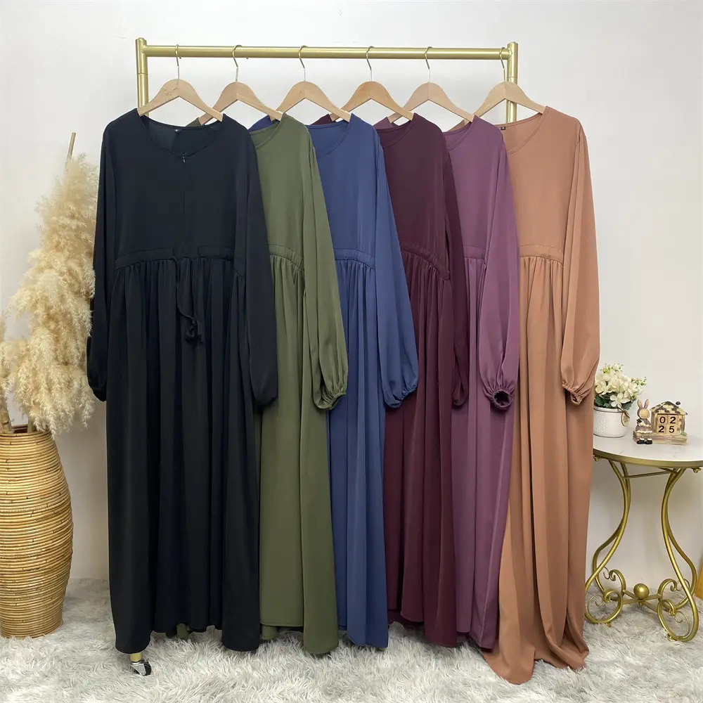 Latest Wholesale Islamic Clothing EID Modest Dubai Solid Color Robe Front Zip Girl Muslim Women Dress Hijab Nida Closed Abaya