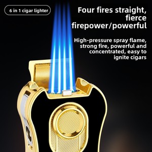 Briquet à cigares multifonction tout-en-un avec coupe-cigare en V intégré, coupe-cigare plat, support, puissant briquet à quatre torches, flamme jet, outil pour fumeurs - Product Image 4