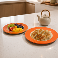 Ensemble de 2 assiettes plates en mélamine, centre blanc, bord large orange vif, tailles 23 cm et 26,5 cm, qualité alimentaire, vente en gros, OEM