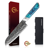 Couteau Santoku Grandsharp 7 pouces en acier Damas de qualité supérieure, 129 couches d'acier Damas, couteaux Santoku japonais avec manche en résine bleue
