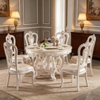 Französisches Luxus-Esszimmer-Set mit Rundem Marmortisch, Handgeschnitzten Massivholz-Lederstühlen und Drehbarem Esstisch