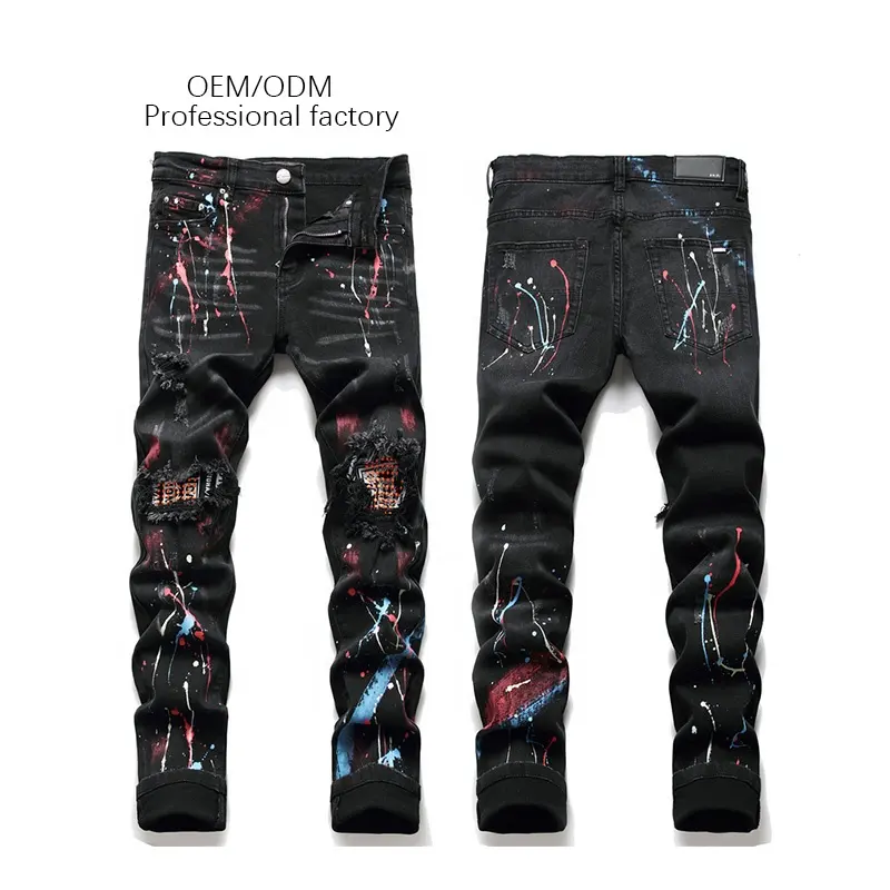 Wholesale Pantalon Jeans Homme Noir Print Jean Custom Patches Amiry Paint Splatter Denim Jeans Men