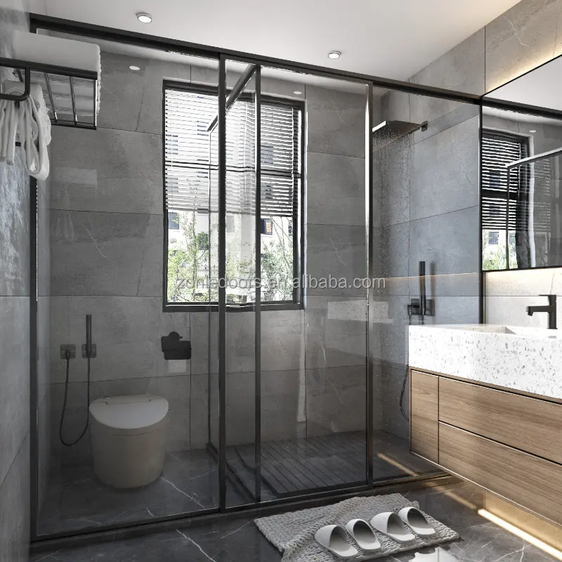 Badkamer Zwart Frame 3 Panelen Schuifdouche Deuren Voor Klein Formaat Op Wc