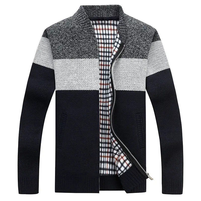 O Neck Long Sleeve Grey Color Block Zip Up Mens Cardigan Sweater For Men