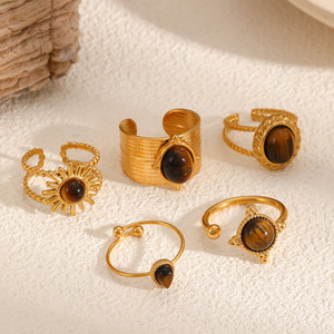 Fashion <b>Rings</b> Women's Tiger Eye Inlay Gold Tone Open Design Geometric Sun Shape <b>Statement</b> Jewelry Gift - Product Image 1