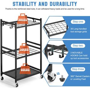 Cross-border wheeled <b>gardening</b> tool storage rack, garage outdoor long-handled tool storage tower with 3 <b>hooks</b> - Product Image 3