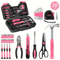 Juego de Herramientas Manuales de Acero al Carbono de 39 Piezas para el Hogar, Venta Directa de Fábrica, Superventas Transfronterizas, Caja de Herramientas Rosa/Roja